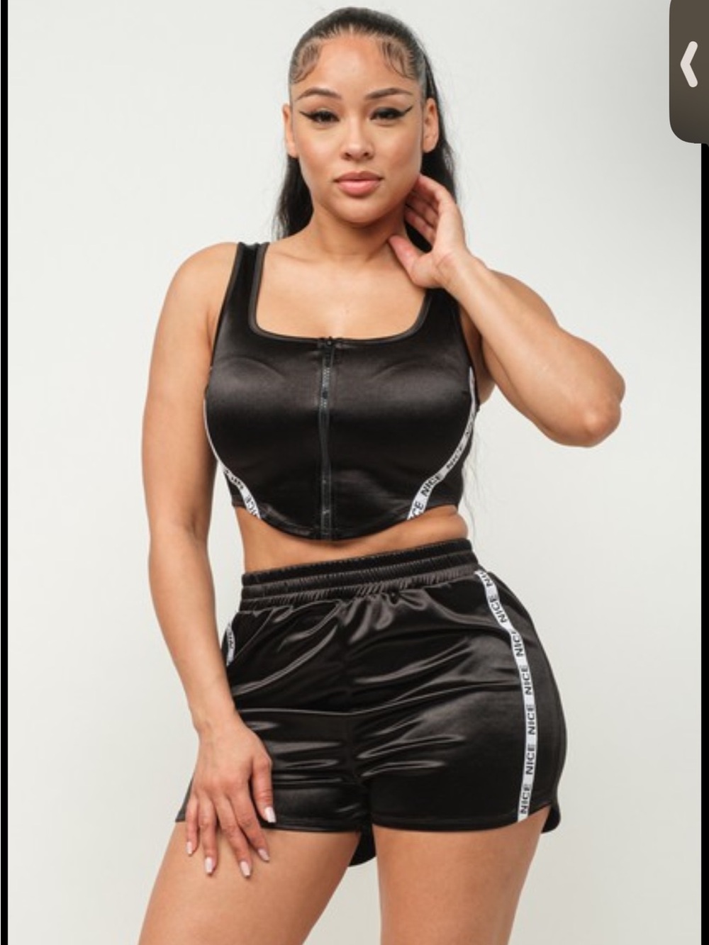 Black Satin Zip Front Crop Top & Shorts Set